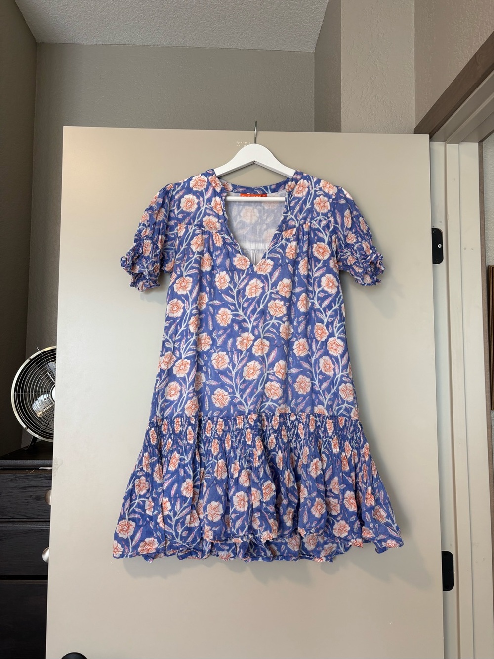 Oliphant 100% cotton blue and orange short sleeve floral dress summer luxury